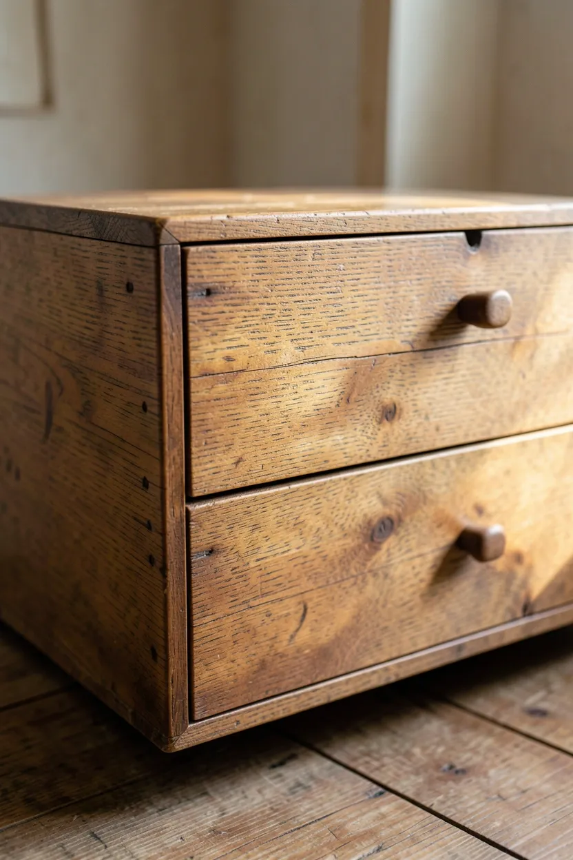 Solid oak wooden chest with simple matte hardware against a soft gray wall in a neutral bedroom