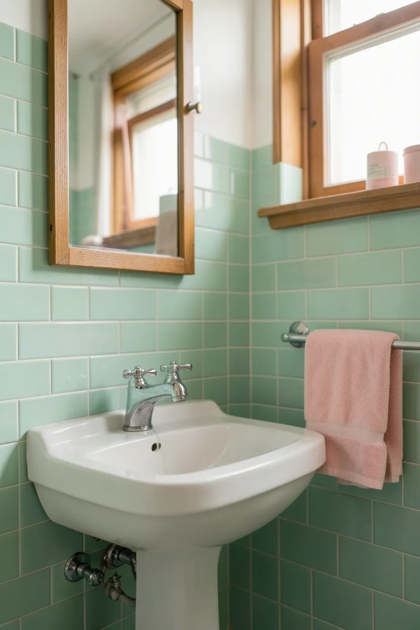 Warm brass faucet, towel bar, and cabinet pulls in a cream and beige neutral bathroom