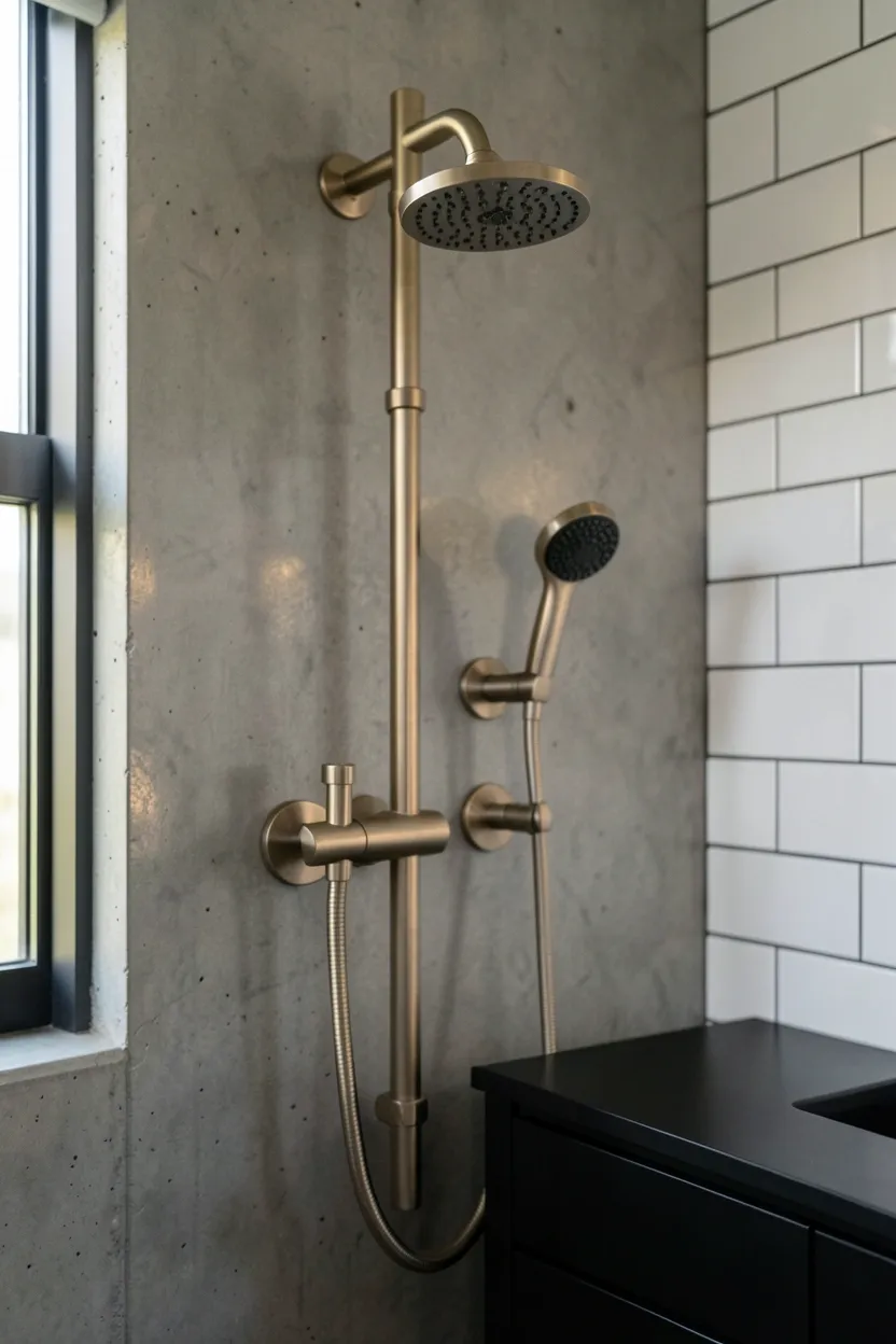Hyper-realistic eye-level photograph of brushed nickel industrial shower system in modern bathroom. Wall-mounted shower head with exposed pipe connections, handheld shower head on brushed nickel bracket, polished concrete wall, matte black vanity partially visible, subway tile accent wall. Materials: brushed nickel finish, polished concrete walls, matte black metal vanity, white ceramic tiles, black metal hardware. Natural light from window highlighting nickel warmth, sophisticated industrial atmosphere. Shallow depth of field, sharp details on brushed finish and pipe connections, balanced composition showing shower and vanity. No text, no logos, no watermarks.</p>
