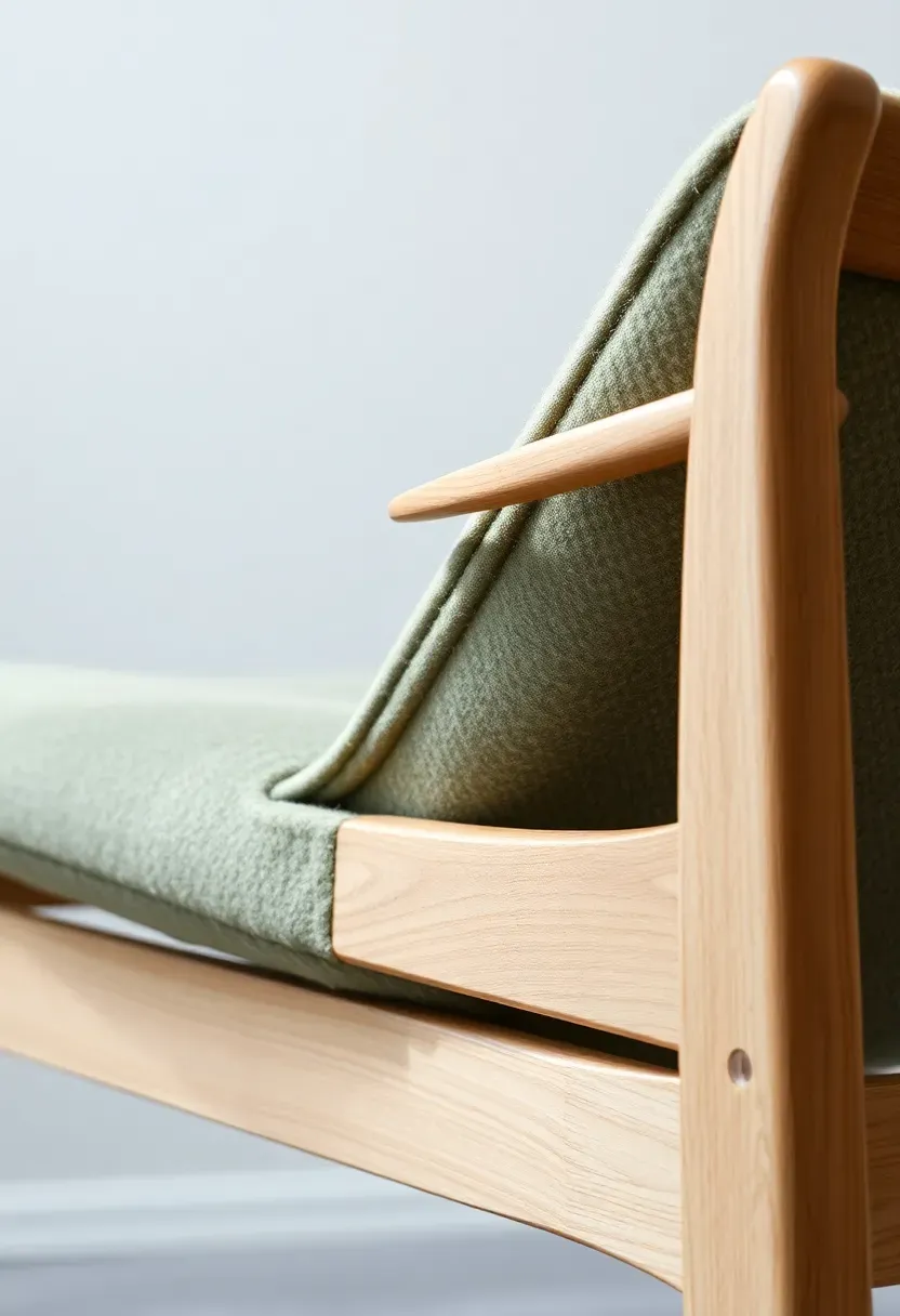 Hyper-realistic detail view showing Danish modern chair with visible joinery and craftsmanship. Light oak wood with visible dovetail joints, wool upholstery in sage green, white wall background. Materials: white oak with visible grain, wool fabric, leather seat cushion. Soft natural light from left emphasizing wood texture and joinery details. Craft-focused mood with warm neutral palette. Shallow depth of field, sharp details on woodworking, minimalist composition, no background clutter.</p>