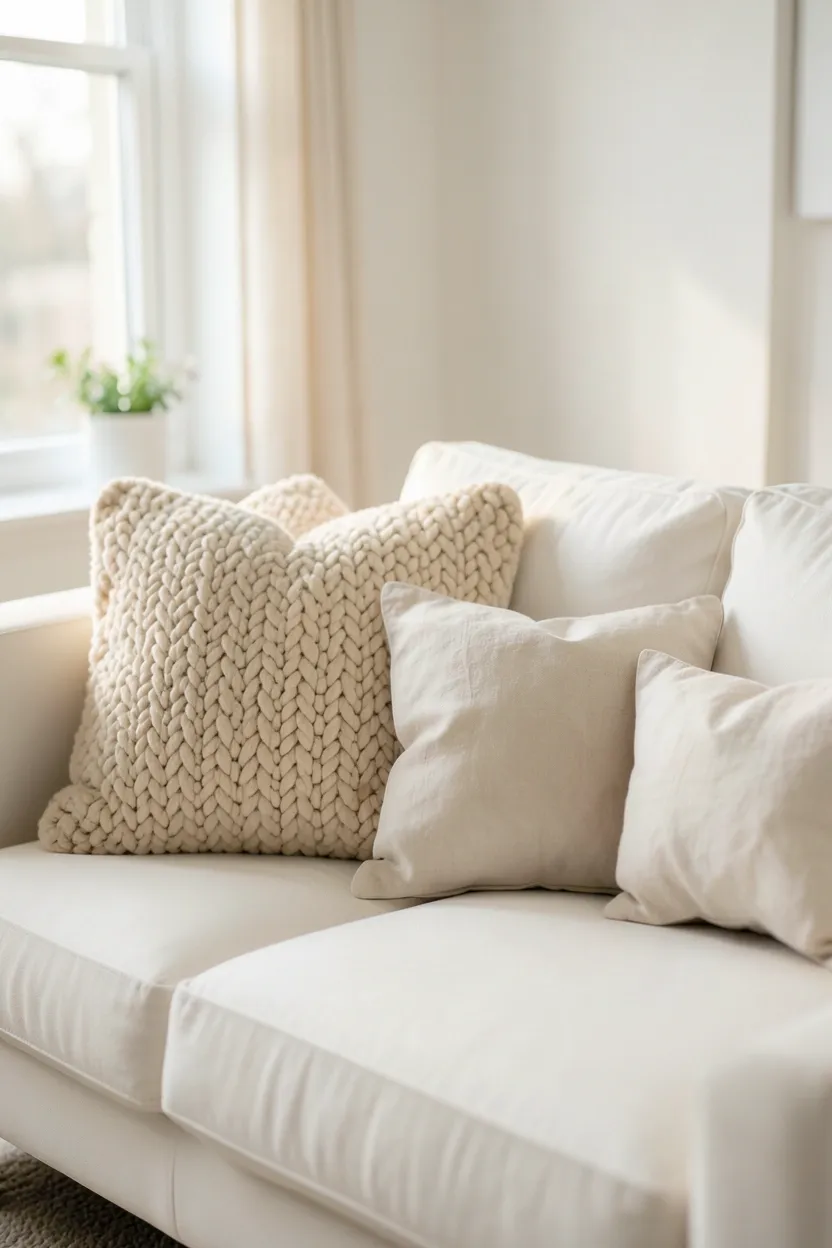 Layered wool and linen throw pillows in cream and soft beige on a Nordic sofa in a Scandinavian living room