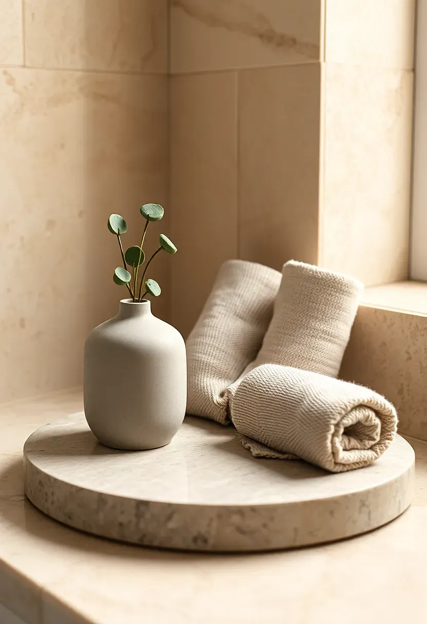bathroom counter styled with stone tray ceramic vase and rolled linen towels