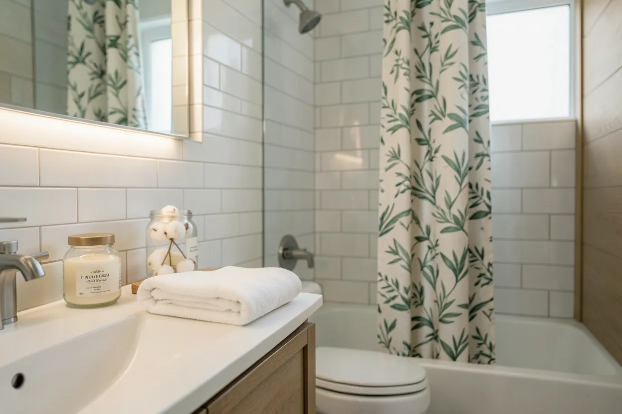 Bright rental apartment bathroom with peel-and-stick backsplash, statement shower curtain, and no-drill storage — renter-friendly bathroom ideas