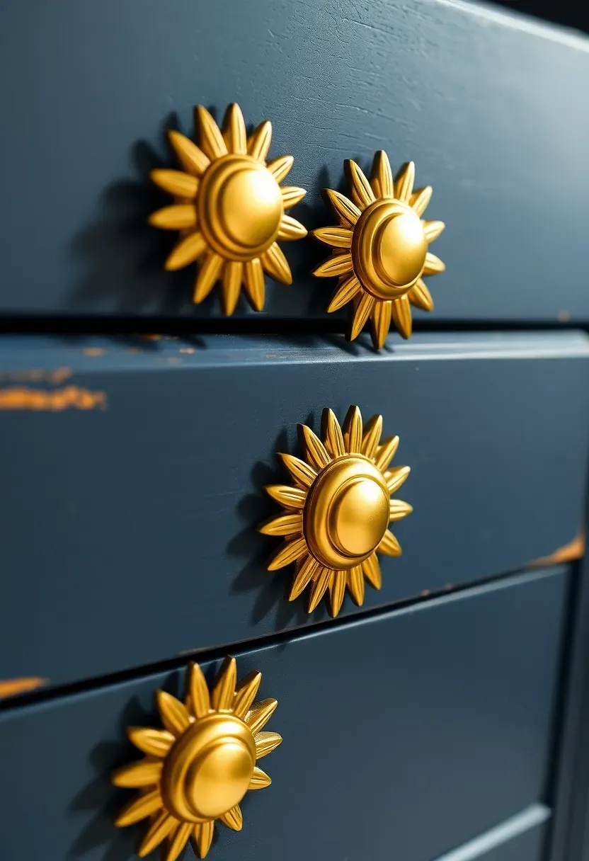 Close-up of golden sun-shaped decorative drawer knobs on a navy blue painted bedroom dresser