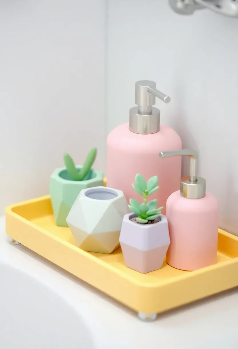 Coordinated pastel bathroom accessories — pink soap dispenser, mint toothbrush holder, lavender plant pot, and yellow tray on a vanity in a small apartment