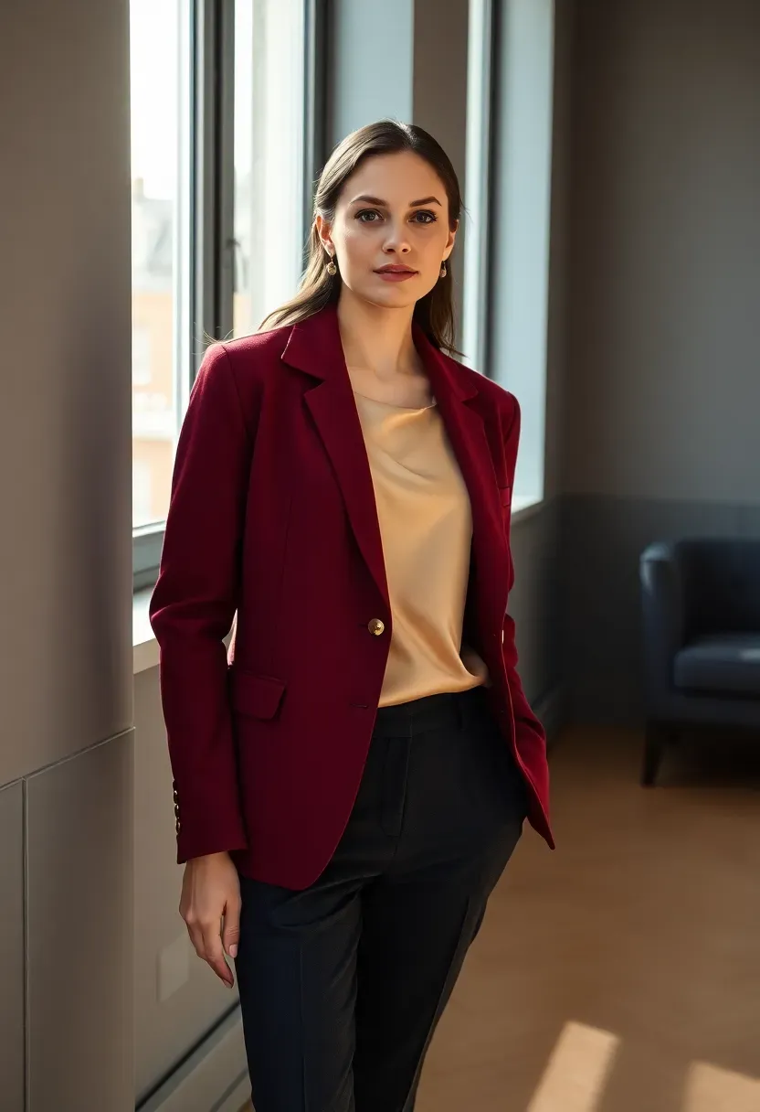 stylish burgundy blazer over a satin camisole paired with dark trousers for a winter baby shower
