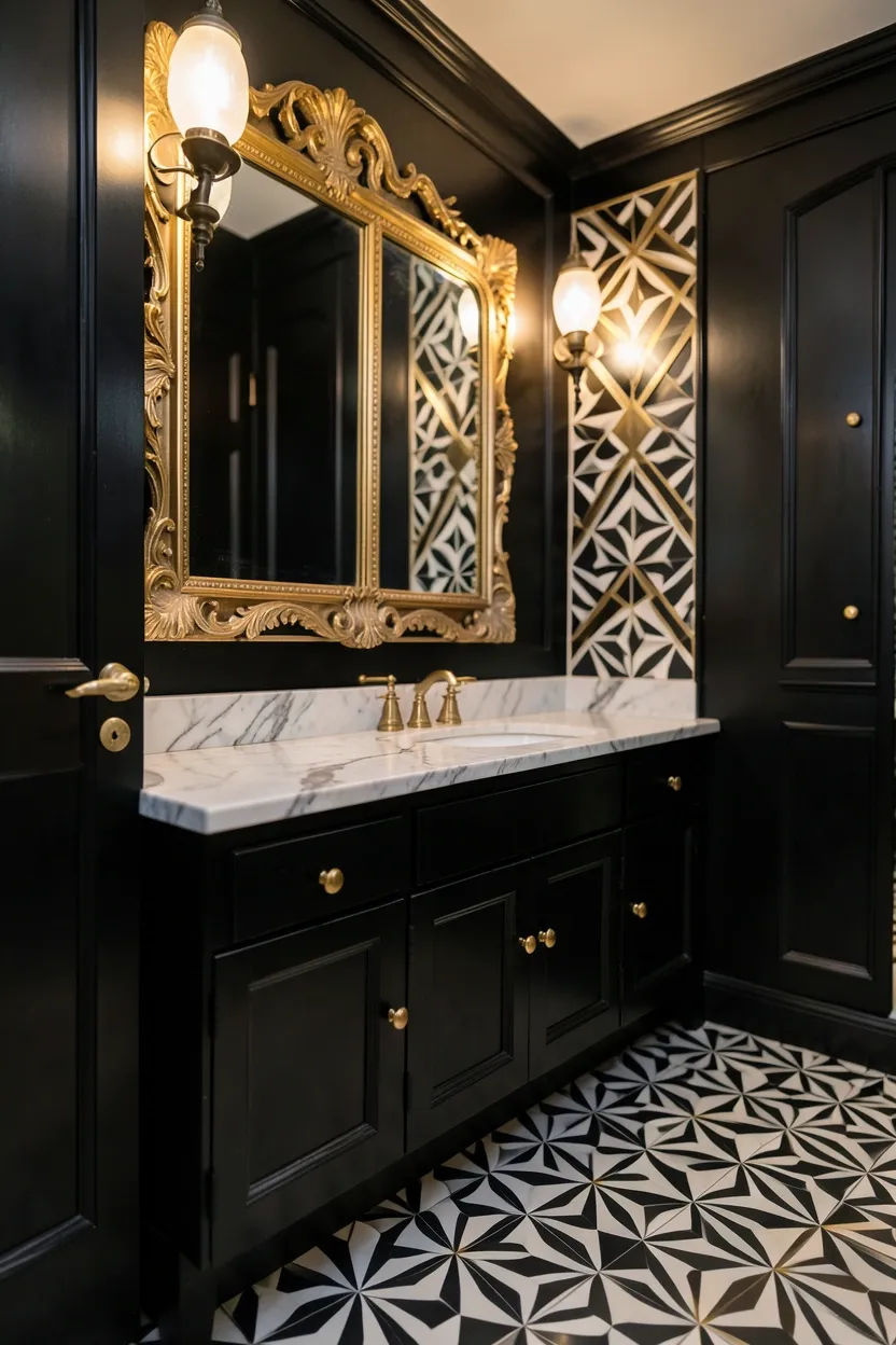 Art Deco Bloxburg bathroom with black lacquer vanity, geometric patterned floor tiles, gold fixtures, and ornate mirror