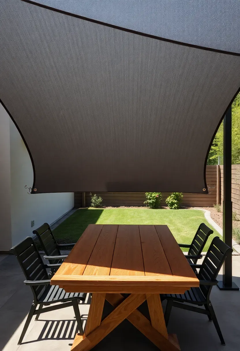 Triangular shade sail in charcoal gray stretched over a backyard dining area with a wooden table below