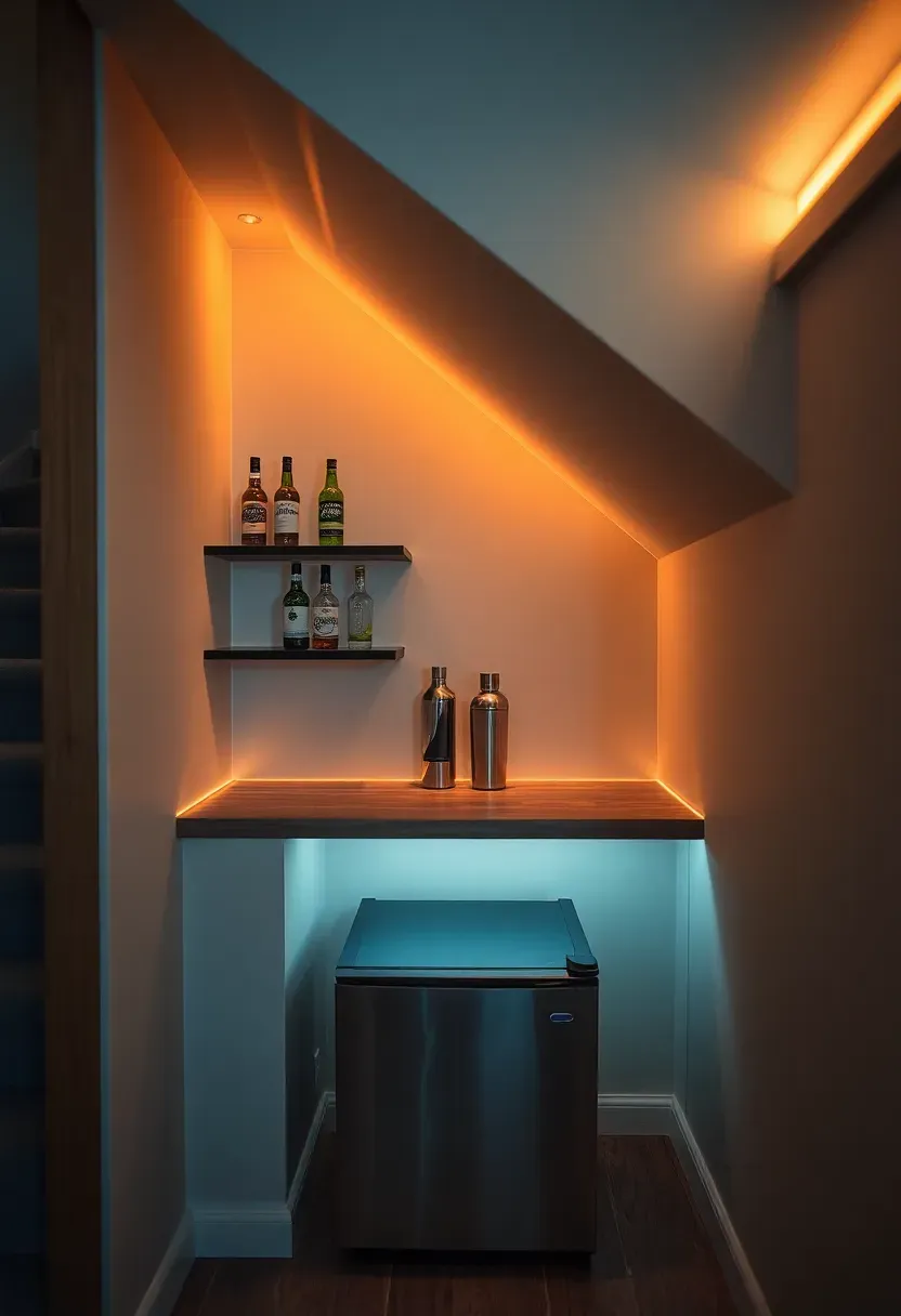 compact bar nook built under a staircase with floating shelves LED accent lighting and a narrow countertop