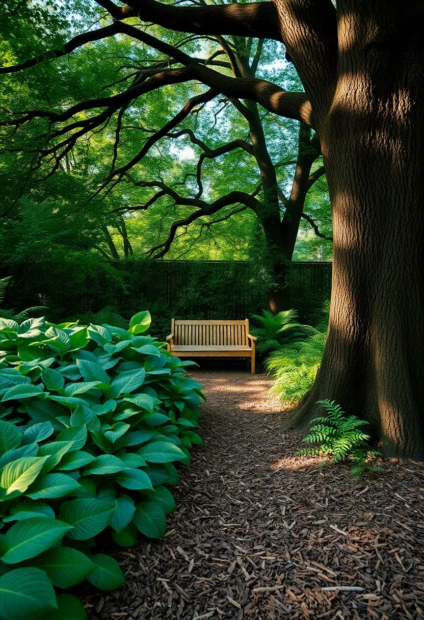 Shaded backyard under mature oak trees with a woodland garden floor of ferns and hostas and a winding bark mulch path leading to a wooden bench