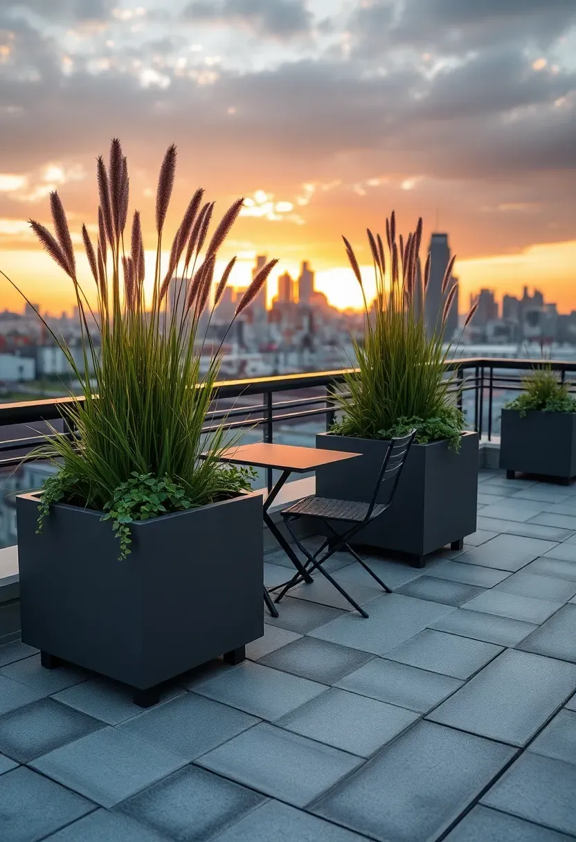 Urban rooftop patio with lightweight composite pavers, modular raised planter boxes with ornamental grasses, bistro furniture, and a panoramic city view at sunset
