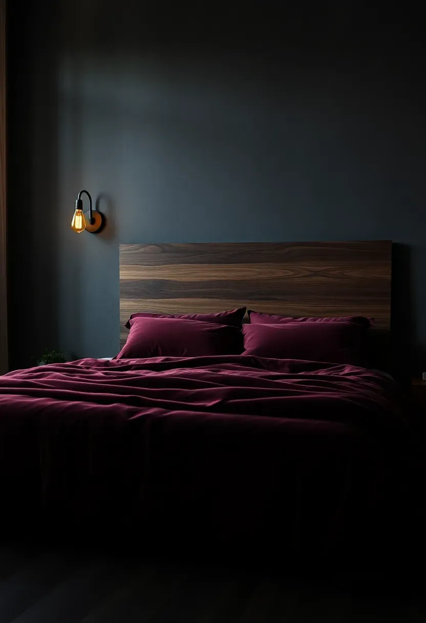 moody masculine bedroom with burgundy velvet bedding and amber wall sconces