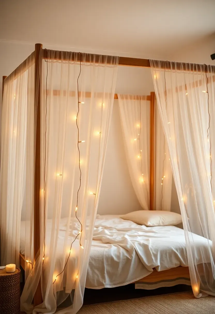 Bedroom with a simple wooden four-poster frame draped in sheer white fabric creating a canopy effect, with warm string lights woven through the fabric