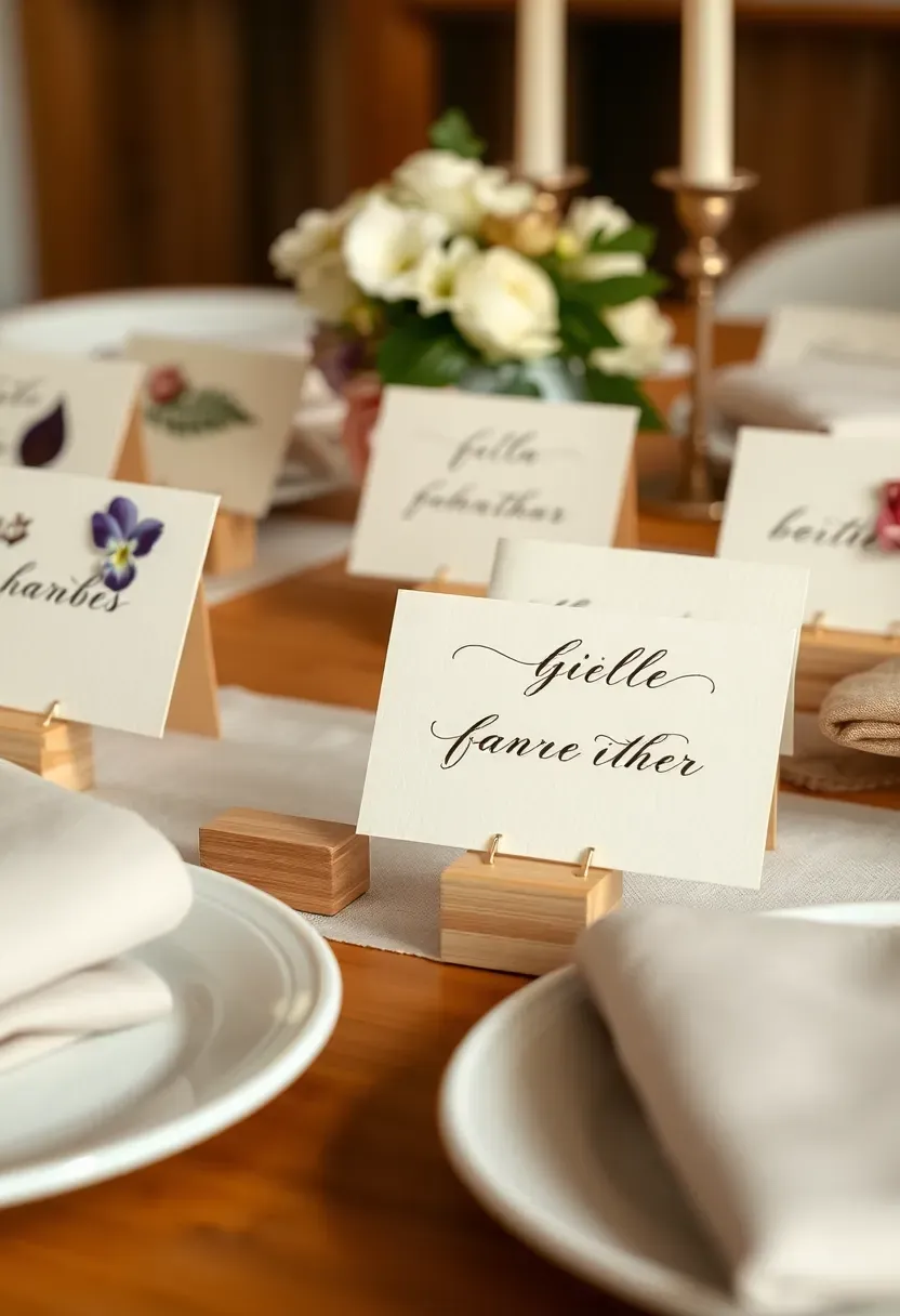 delicate pressed flower place cards on a baby shower table with dried botanicals laminated onto cardstock elegant calligraphy guest names and linen napkins