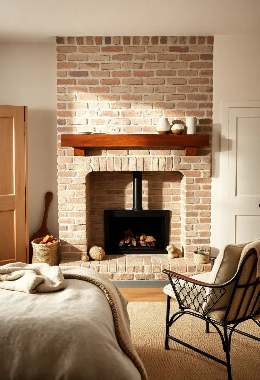 Compact fireplace mantel with limewashed brick