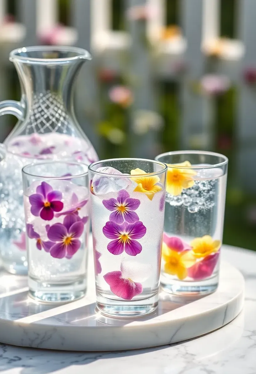 glass pitcher and glasses filled with sparkling water and colorful edible flower ice cubes in purple yellow and pink at a garden baby shower