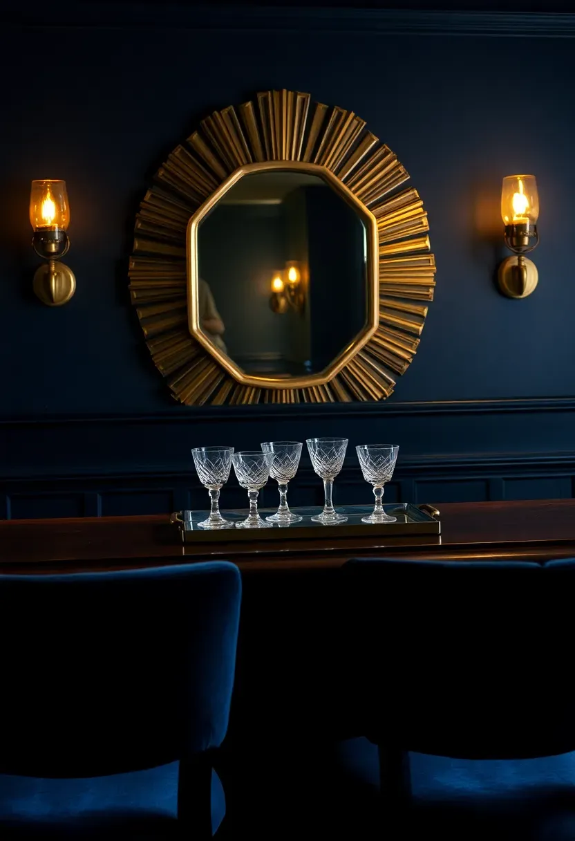 Dark moody speakeasy bar in a basement with velvet upholstered stools, Art Deco mirror, crystal glassware, and low amber wall sconces