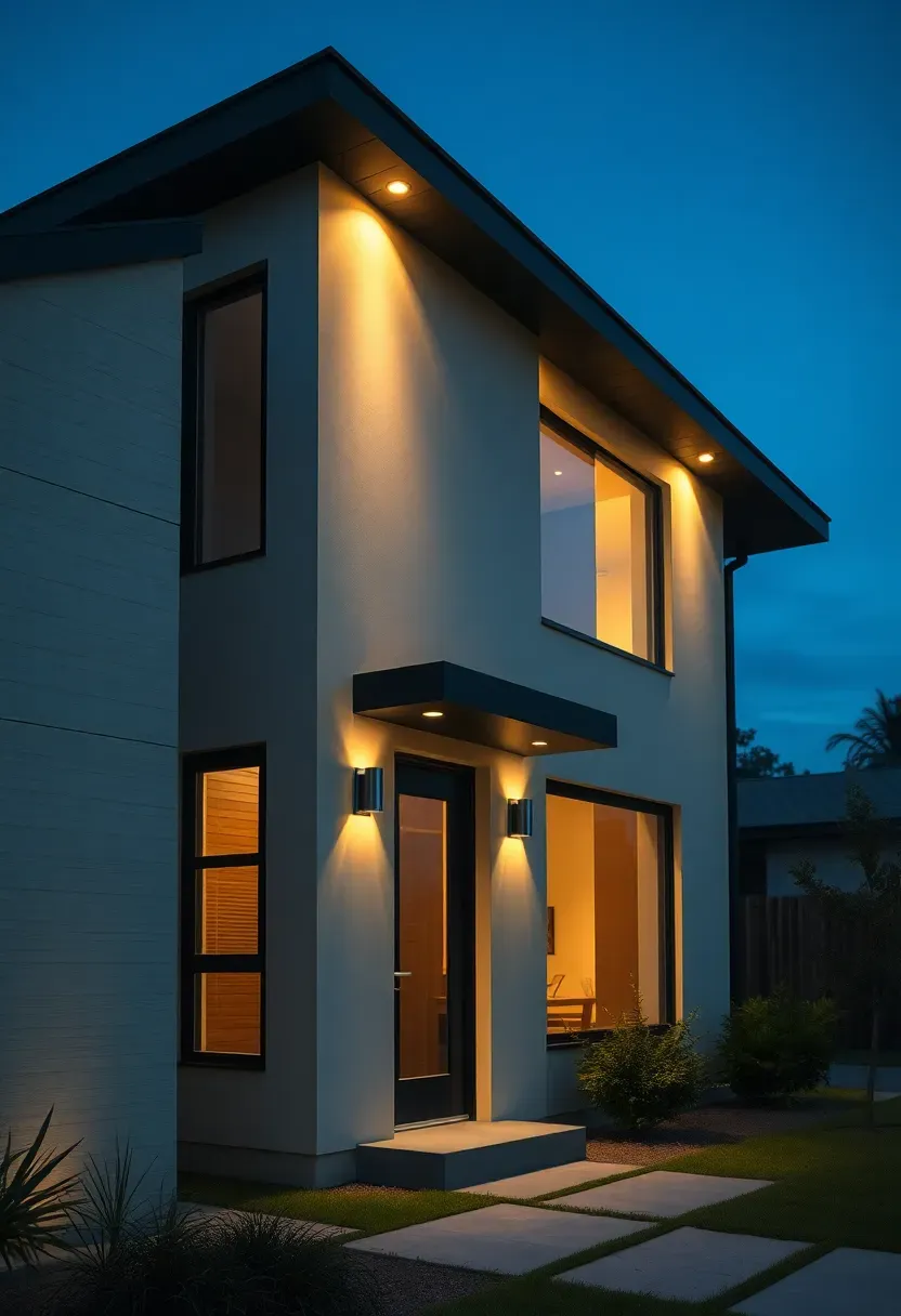 Hyper-realistic front view of a modern home exterior featuring soft ambient warm light washing the facade from hidden sources beneath roof overhangs and eaves, with no visible light strands or bulbs—only the gentle glow effect on wall surfaces. Materials: smooth light-colored stucco or siding facade, dark roof overhangs concealing light sources, large windows reflecting some interior warmth, minimal landscaping. Natural evening darkness with soft ambient light creating subtle warm wash across exterior surfaces while upper architecture remains in shadow, cool blue ambient sky. Refined subtle mood like luxury spa outdoor lighting. Shallow depth of field, sharp details on wall texture visible in ambient light, minimalist composition, gentle shadows, no text or watermarks.</p>