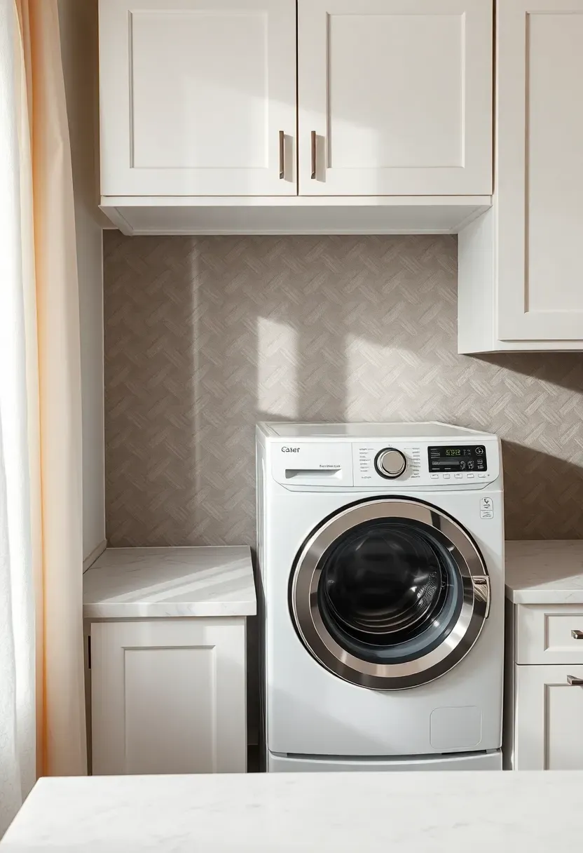 Herringbone tile backsplash in soft grey behind a stacked washer dryer with a marble-look countertop and white cabinets