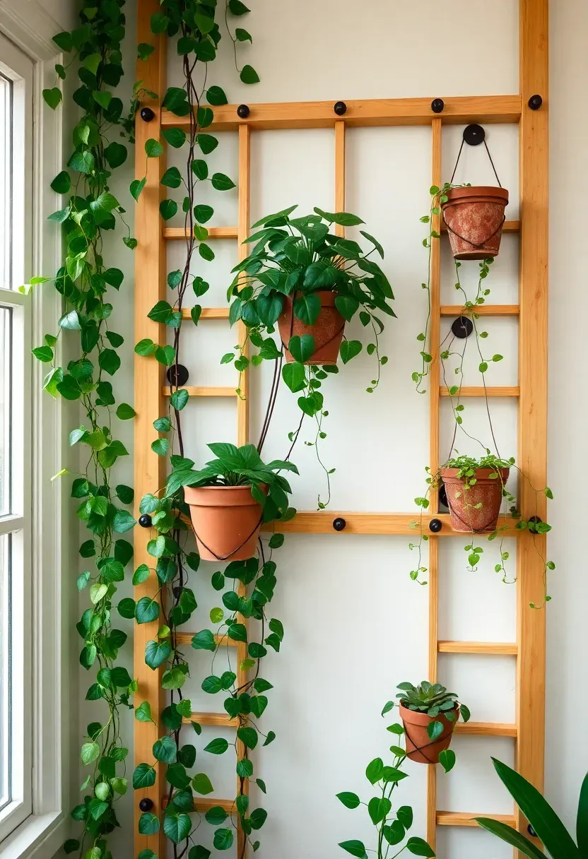 Wooden trellis frame mounted on a sunroom wall covered with trailing pothos, string of pearls, and philodendron plants in terracotta pots on staggered shelves