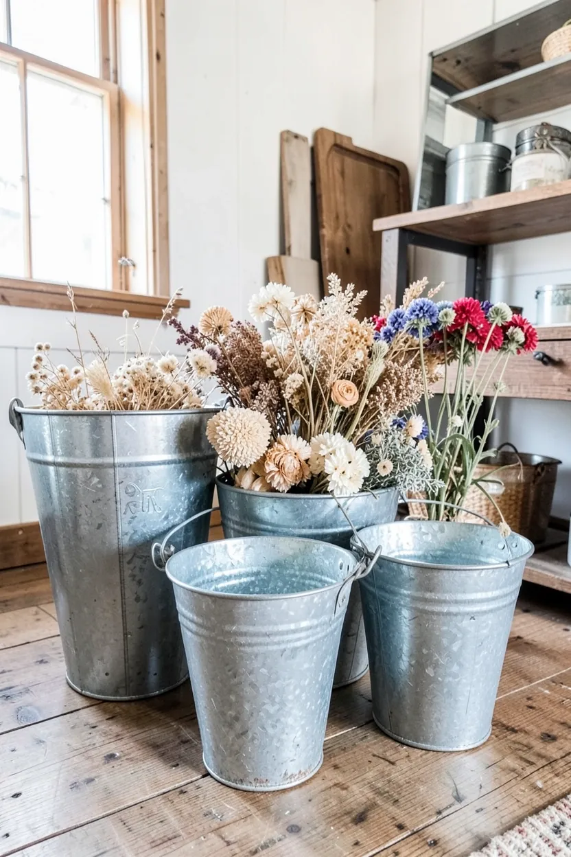 Aged galvanized metal buckets and bins on a farmhouse shelf holding dried greenery and small accessories in a rustic bedroom