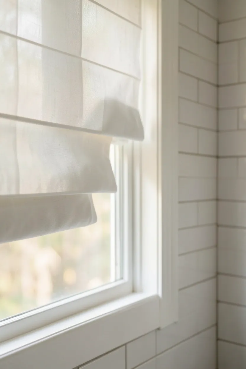 Soft linen Roman shade in warm white lowered over apartment bathroom window, providing privacy while filtering natural light in a calm rental space