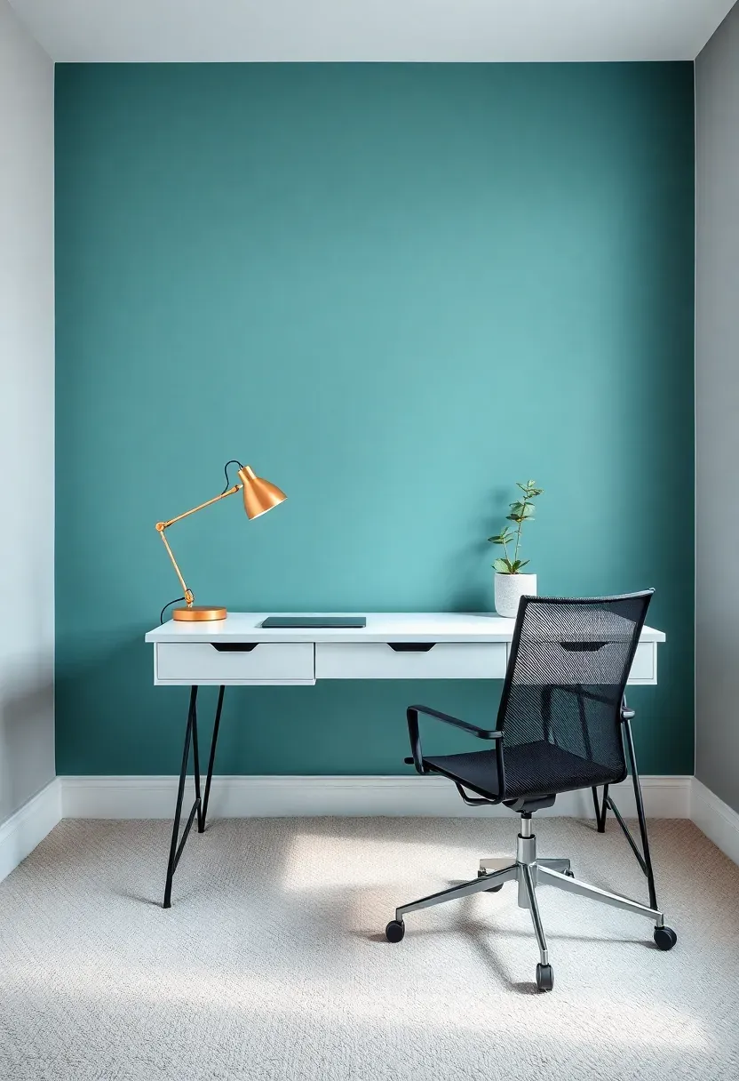 home office with teal accent wall with gray base behind a minimalist white desk and black task chair