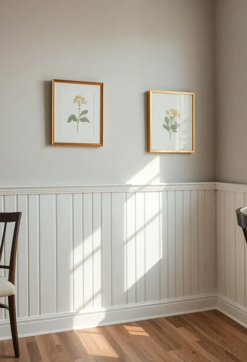 Dining room wall with distressed white painted wainscoting panels reaching halfway up the wall, topped with a pale gray upper wall and vintage botanical prints