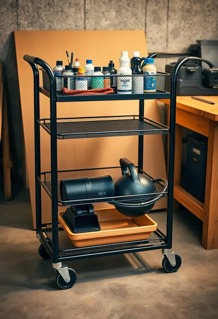 Three-tier rolling metal cart in a basement with art supplies and cleaning products, positioned next to a workbench