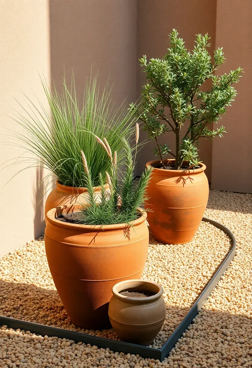 Small gravel courtyard surrounded by large terracotta pots with ornamental grasses, olive trees, and trailing rosemary in a Mediterranean-style backyard