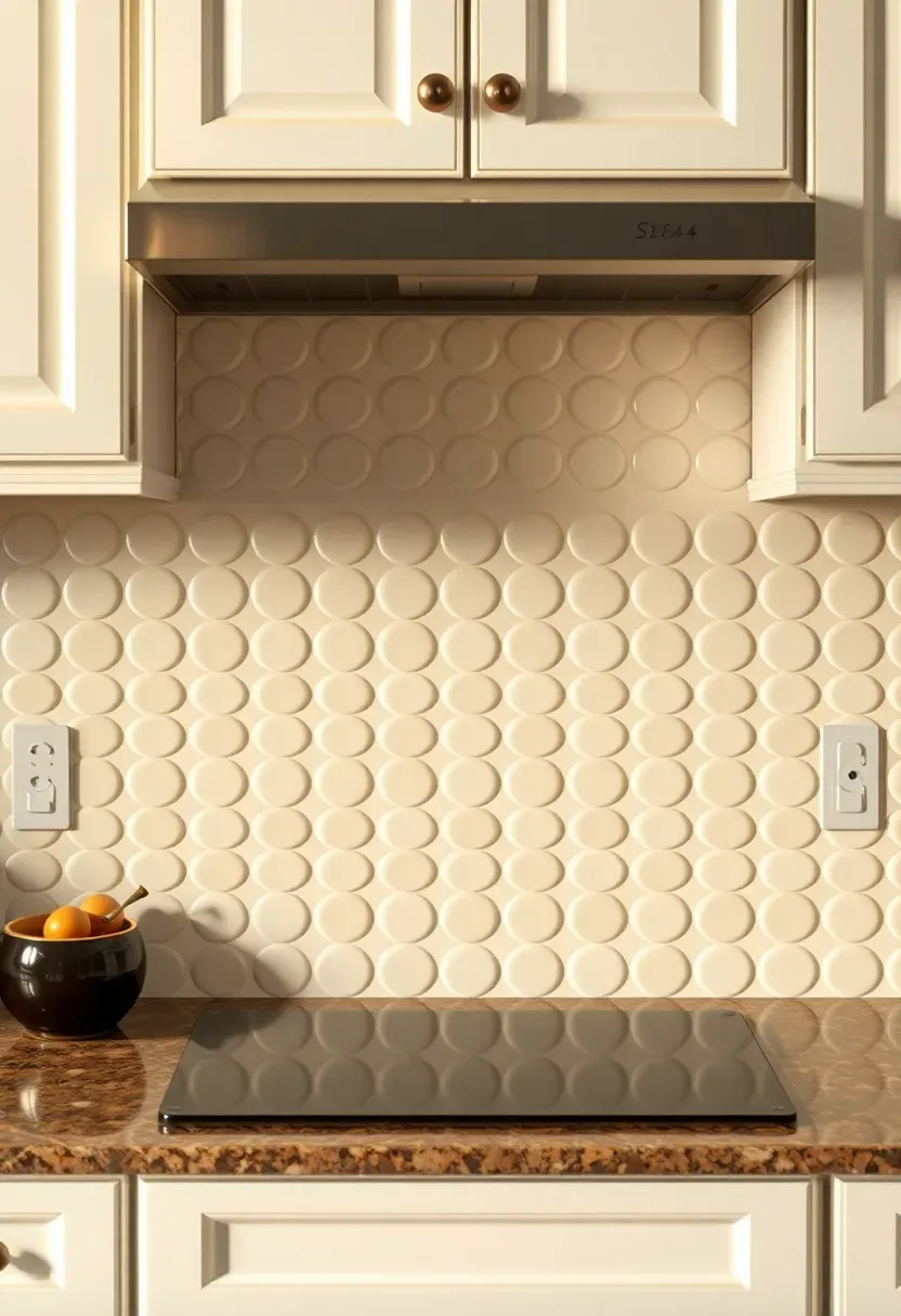 ivory arabesque tile backsplash with scalloped edges above fantasy brown granite countertops and white upper cabinets