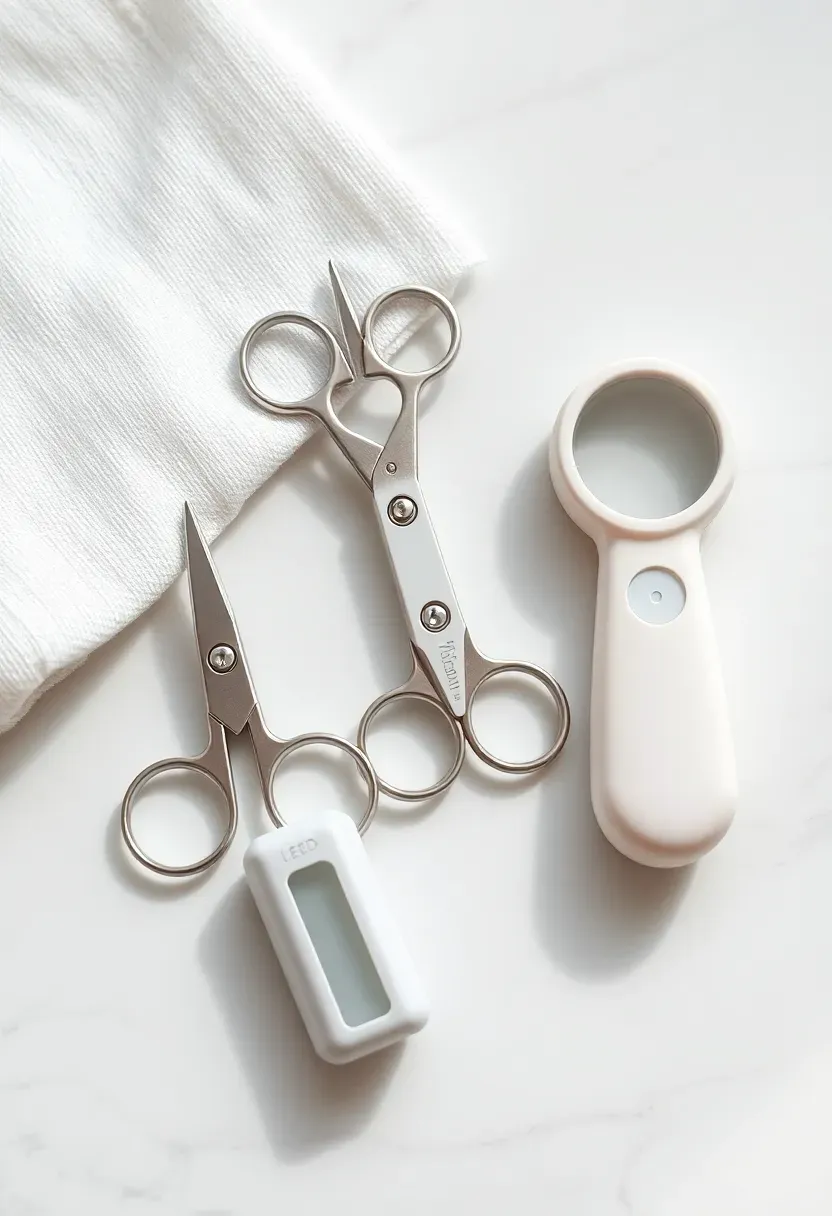 baby nail care grooming kit with tiny scissors file and LED light magnifier on a clean white surface