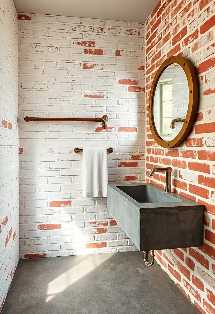 Industrial coastal bathroom with whitewashed exposed brick wall, exposed copper pipe towel rack, concrete floating vanity, and a round porthole mirror