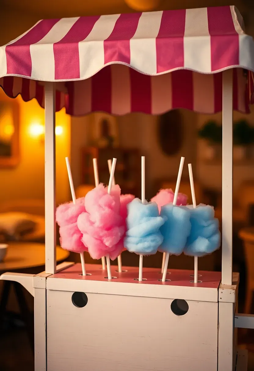 vintage style cotton candy cart with pink and blue spun sugar on sticks displayed in a white wooden cart with a striped awning