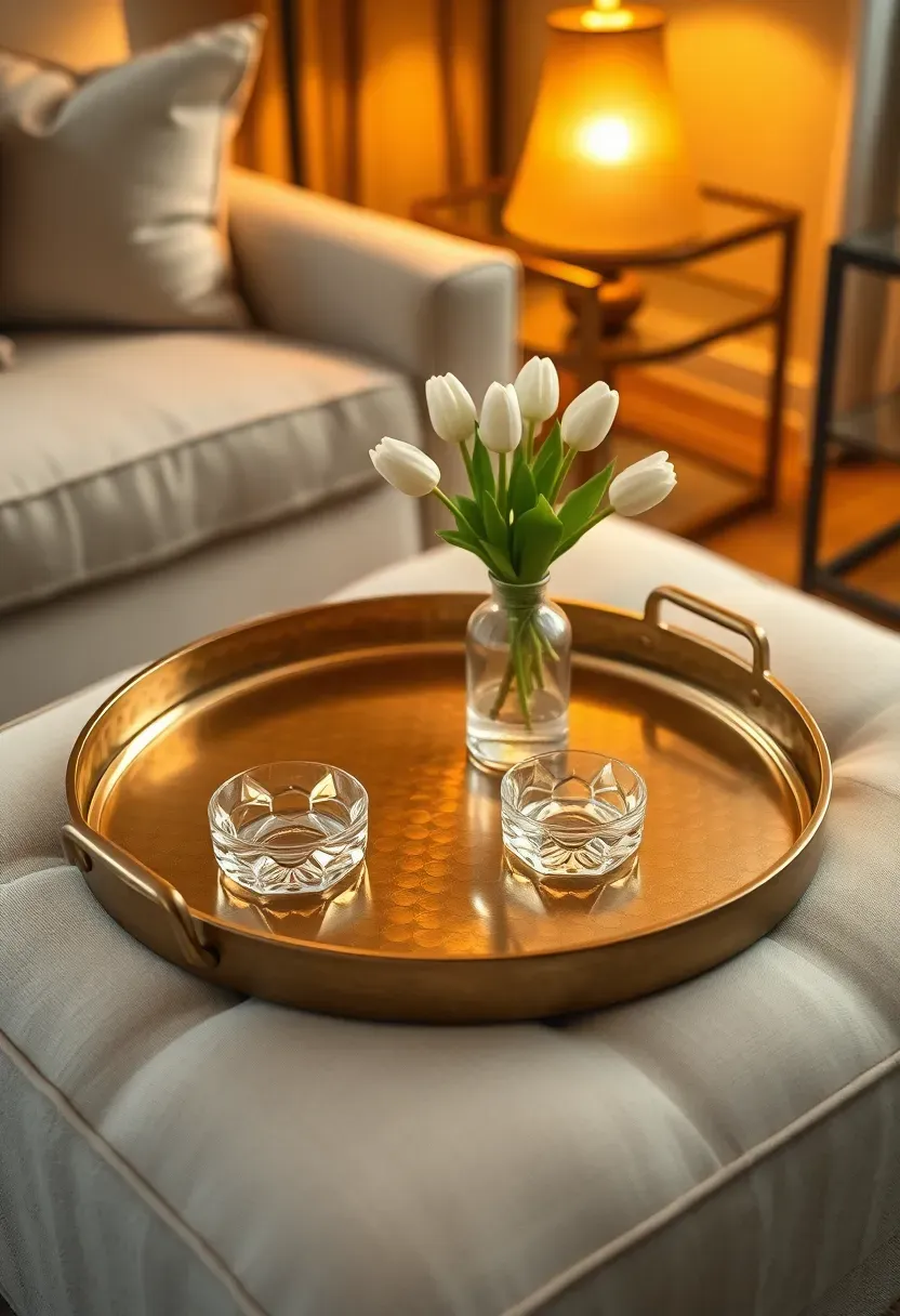 Large round wooden tray on an upholstered gray ottoman in a rental living room with glass coasters, two water glasses, and a small white bud vase with fresh flowers