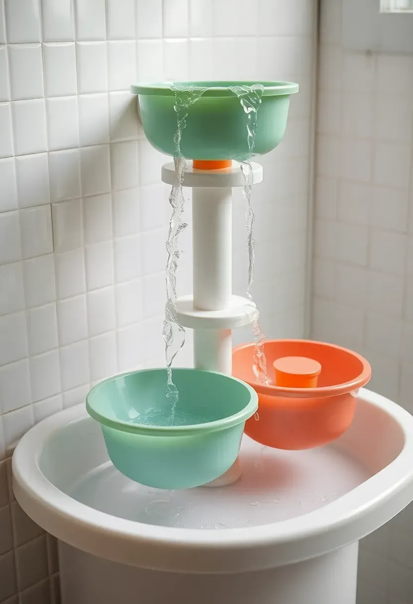 Multi-tiered kids' interactive water play station with funnels and basins mounted at child height in a colorful bathroom