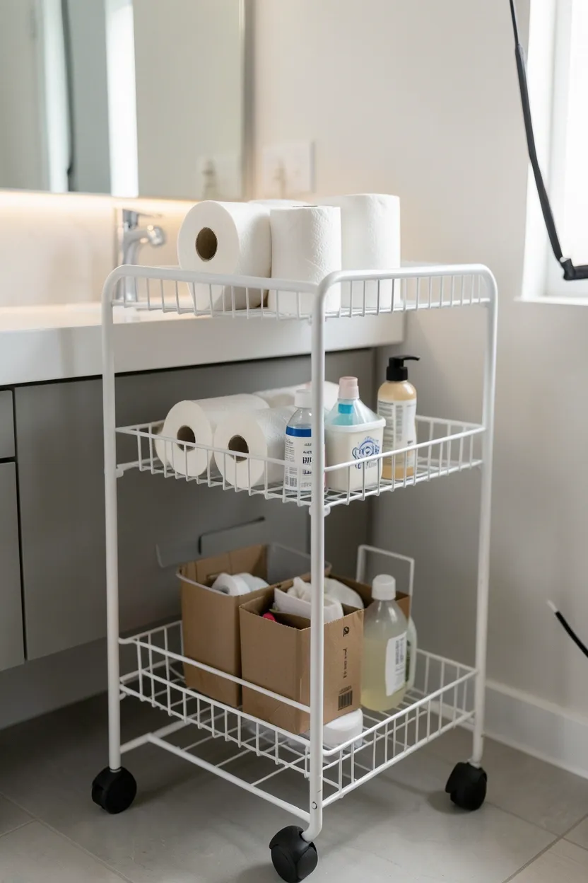 Slim white rolling cart tucked under a small apartment bathroom sink with tiered wire shelves for extra storage