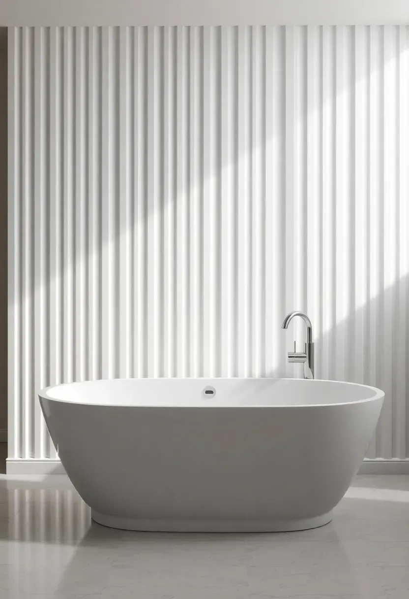 3D fluted panel accent wall in matte white behind a freestanding bathtub with chrome floor-mounted tub filler