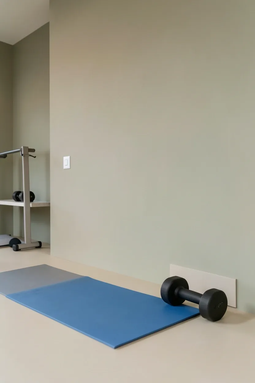 Minimalist home gym in a cohesive neutral palette of white, gray, and sage — calm apartment workout space with matching equipment tones and zero visual clutter