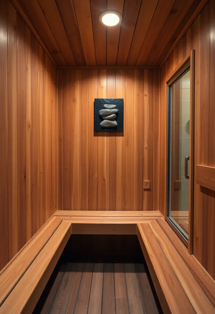 Compact basement sauna room with cedar plank walls, bench seating, glass door, and adjacent cool-down shower area