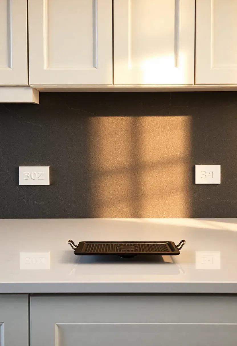 dark gray soapstone slab backsplash with natural chalky texture behind white cabinets and white quartz countertop