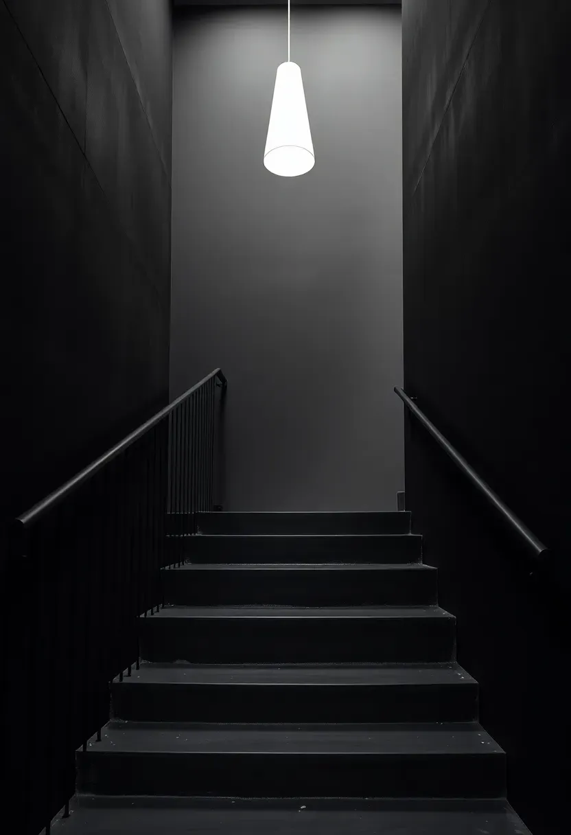 All-black monochrome staircase with matte black concrete treads, black steel flat-bar railing, black-painted plaster walls, and single white cone pendant light above the void