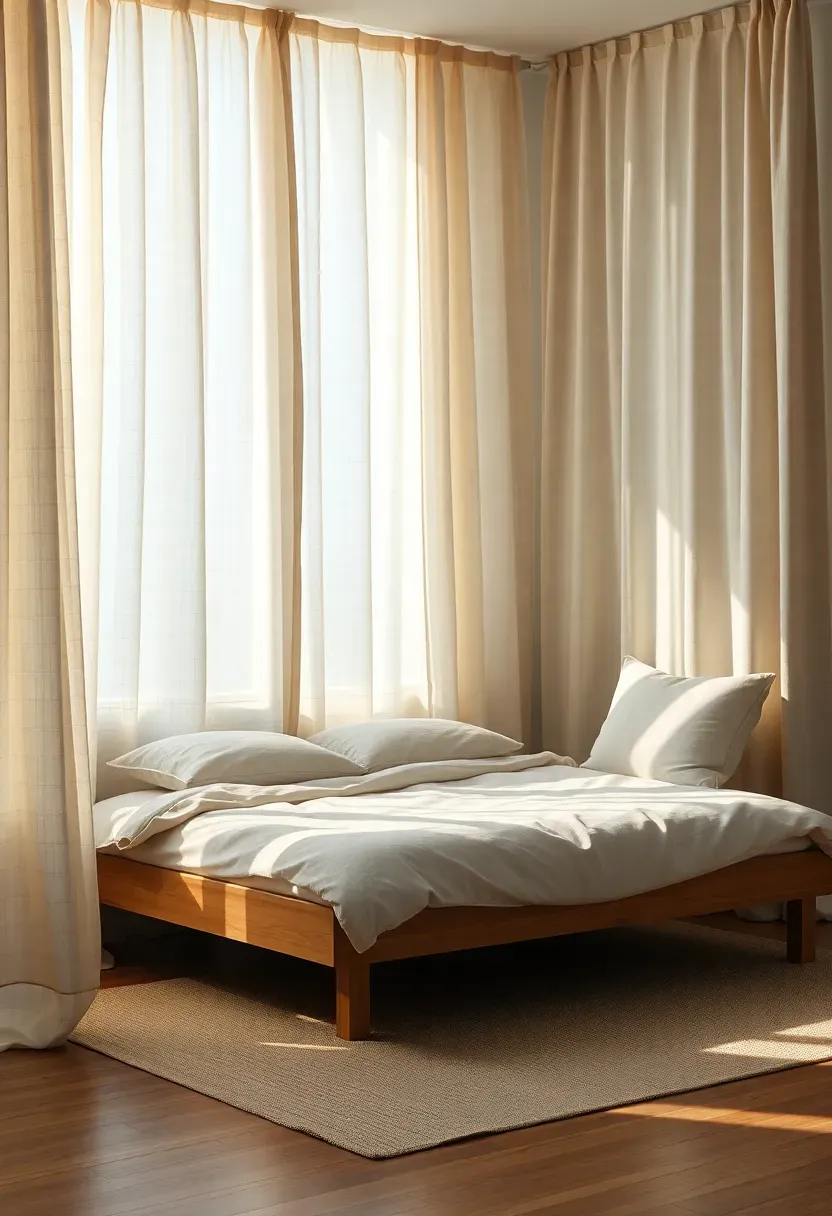 serene bedroom wrapped in natural linen curtains linen duvet cover and a low wooden bed with soft diffused daylight