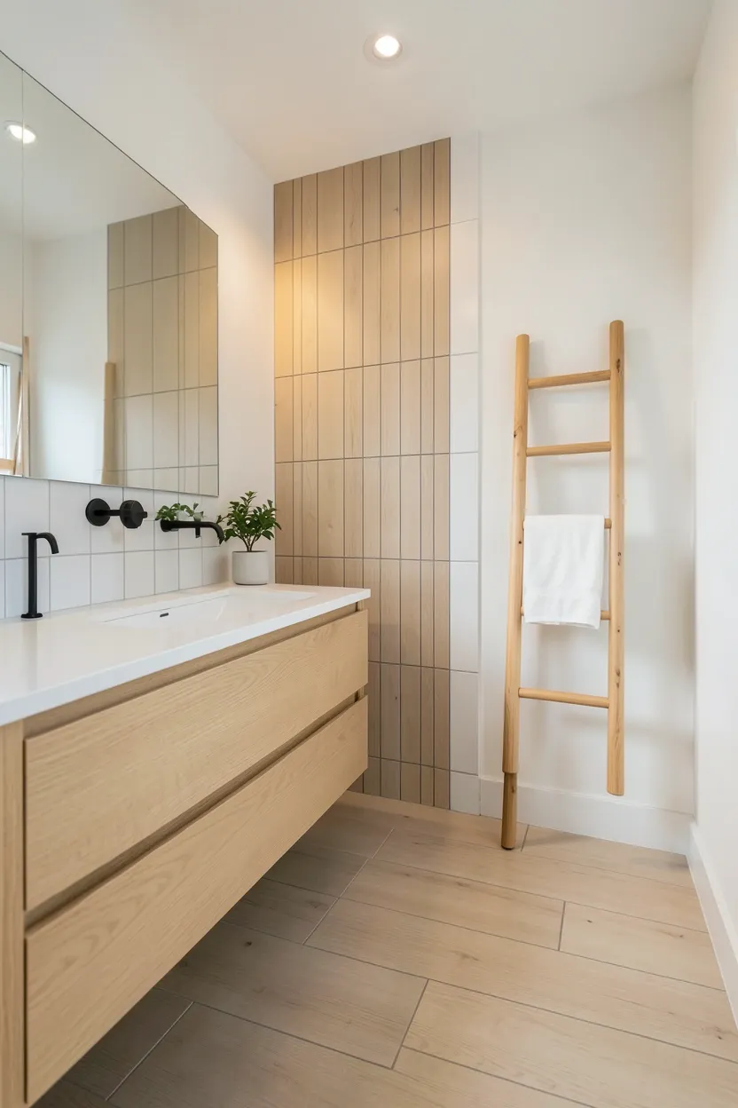 Japandi Bloxburg bathroom with light wood vanity, freestanding tub on wood platform, and matte black fixtures