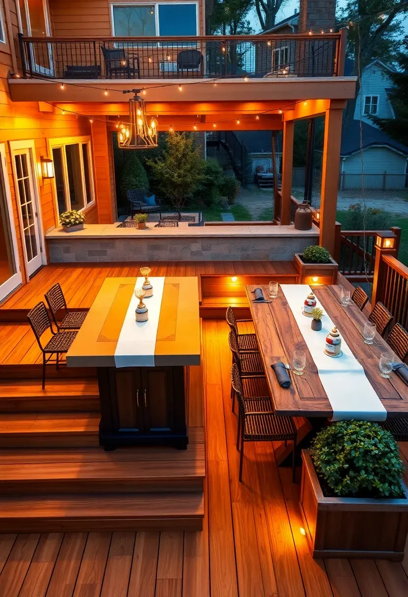 Large split-level entertaining deck with an upper cocktail lounge area featuring a wet bar and a lower dining terrace with a long farmhouse table for ten guests