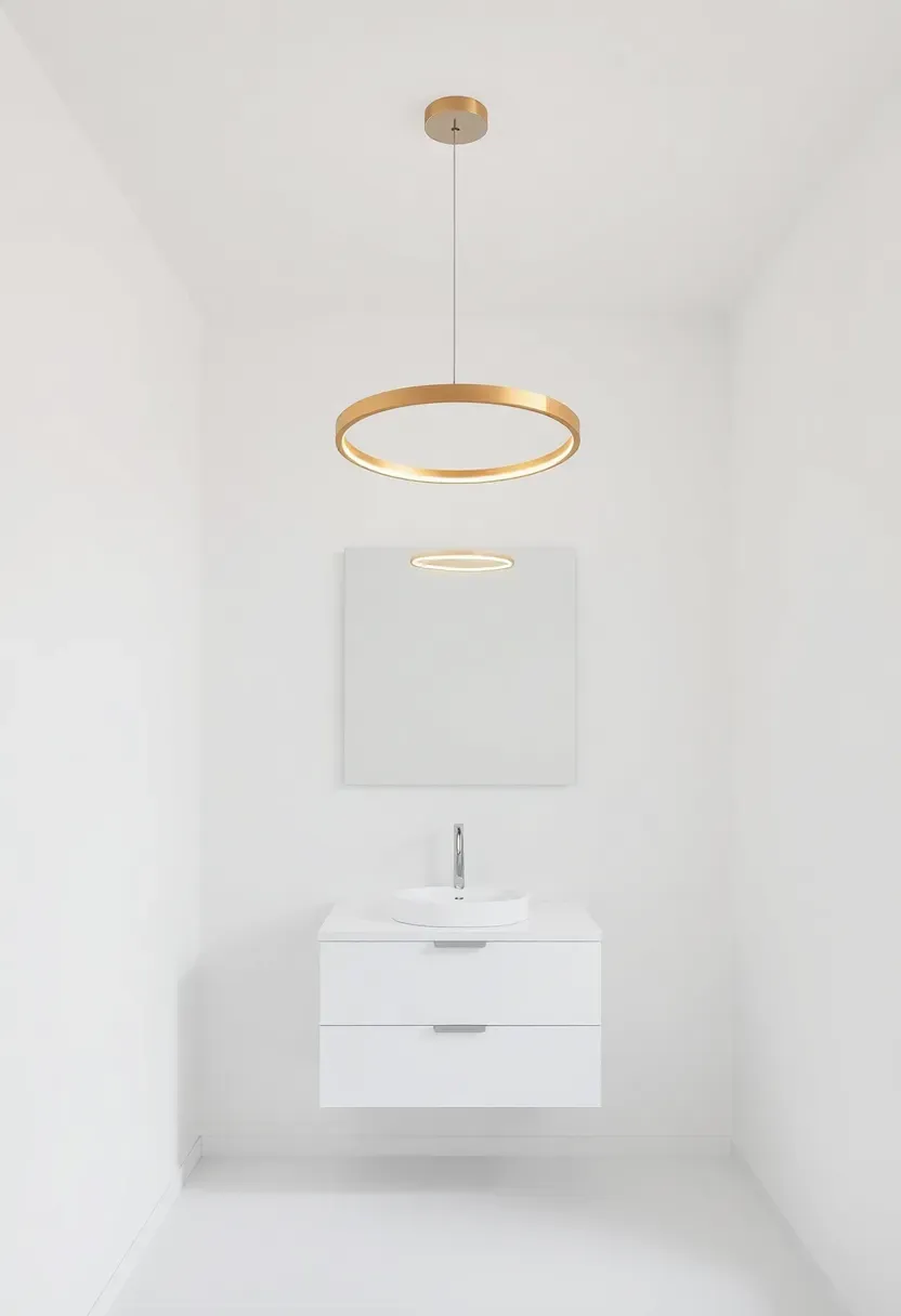 Single thin gold ring LED chandelier floating above a minimalist white bathroom vanity with clean lines