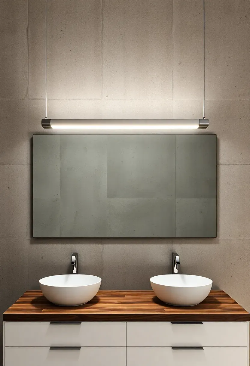 Long linear LED pendant light suspended horizontally above a double vanity mirror in a contemporary bathroom with concrete walls