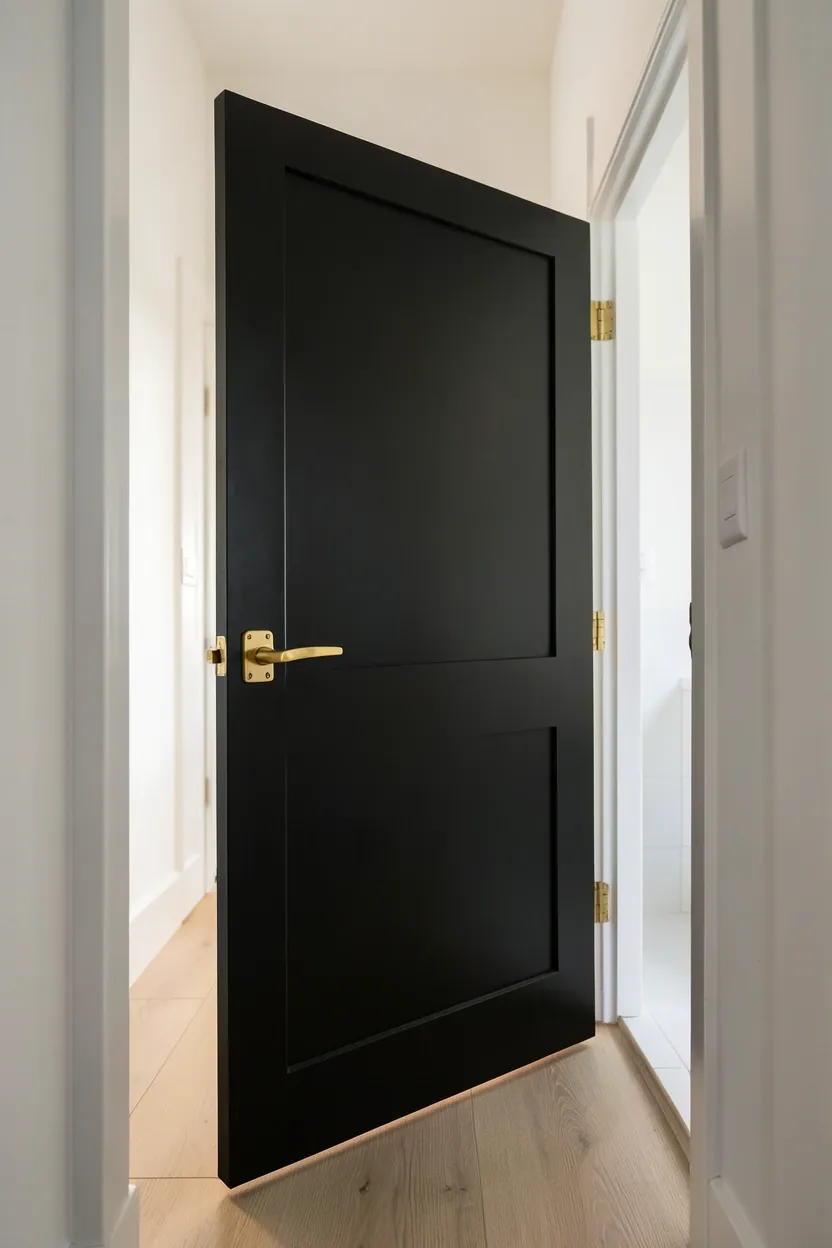 Matte black painted interior bathroom door with black hinges and handle — dramatic entrance for a small apartment bathroom on a budget