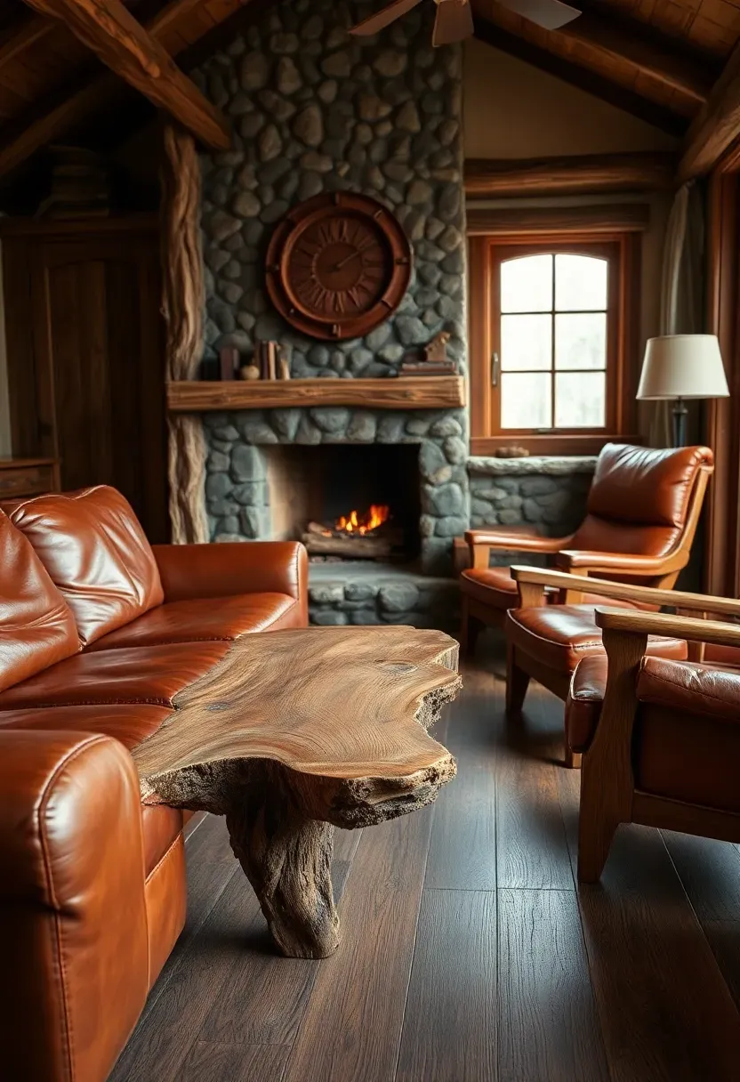 Hyper-realistic 3/4 view of leather and wood furniture in rustic tiny house living room. cognac leather sofa with visible stitching, live-edge oak coffee table with natural bark edge, leather armchair with exposed wood frame. Stone fireplace background. Materials: cognac leather, live-edge oak with bark, stone fireplace, wide-plank floor. Warm ambient light from fireplace and window, highlighting leather warmth and wood grain. Shallow depth of field showing leather texture and live-edge details. Authentic rustic furniture mood.</p>
