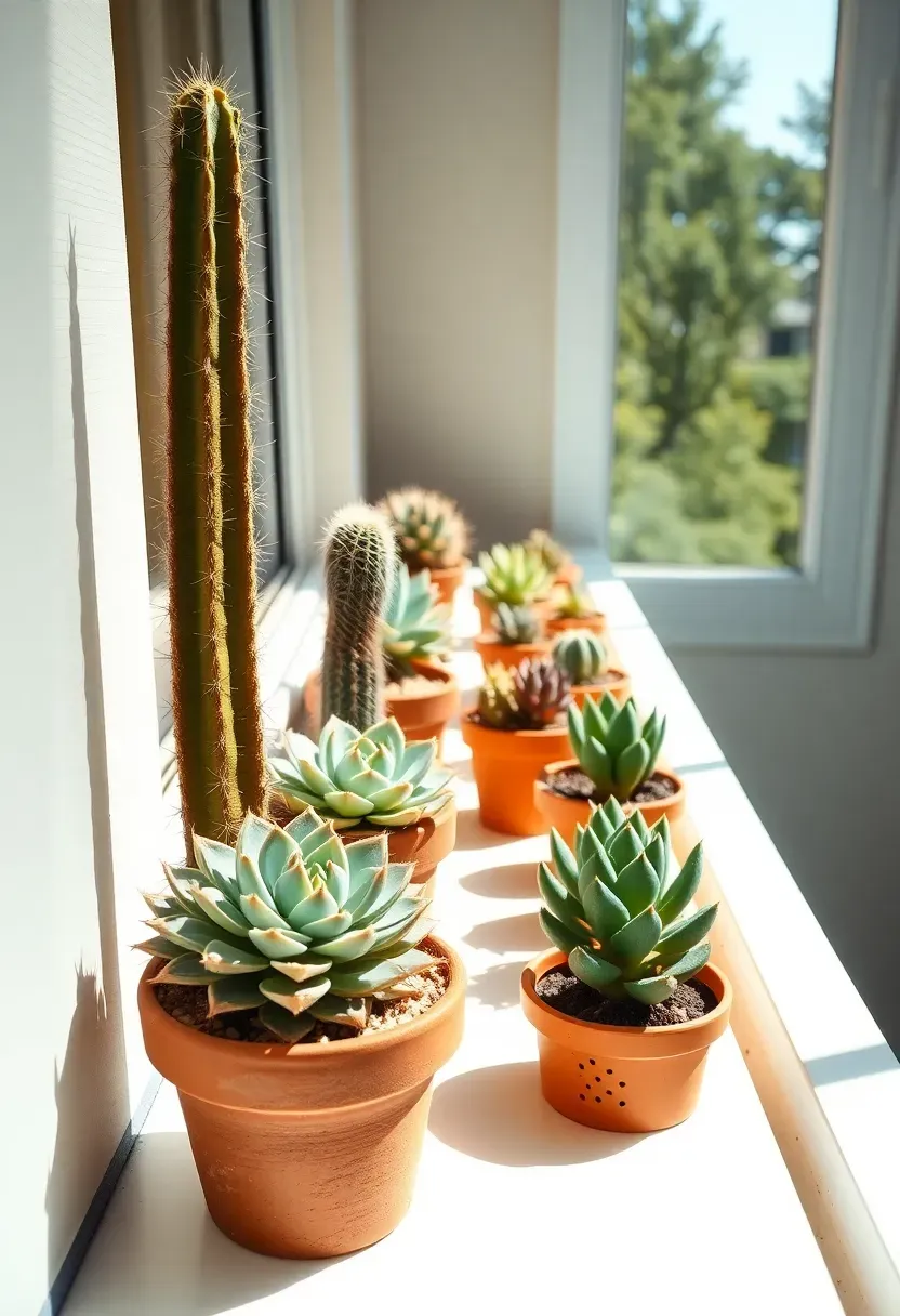 Long windowsill in a bright sunroom lined with a neat row of various cacti and succulents in small terracotta pots with bright direct sunlight